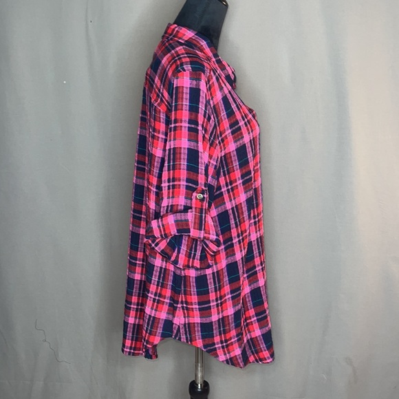 1X Intro Plaid Print Puckered Woven Long Roll-Tab Sleeve Button-Down Shirt - Picture 8 of 13